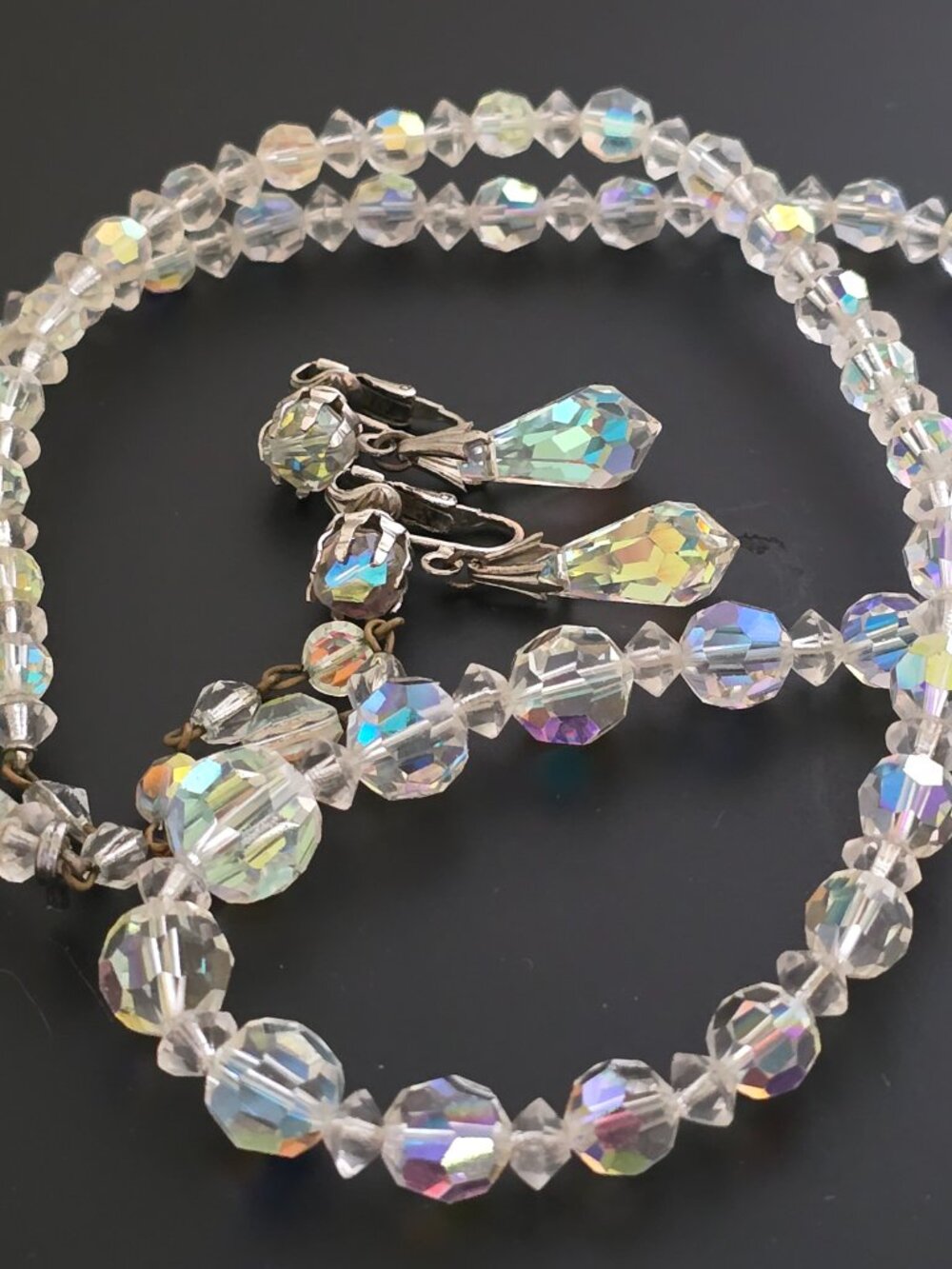 Vintage Aurora Borealis Crystal Necklace Earrings Set dangle 24"